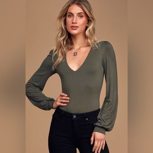 Olive green v neck long sleeve bodysuit